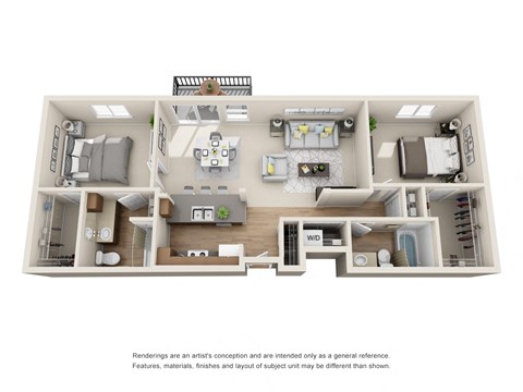 Floor plan for 2 beds, 2 baths, 983 sqft
